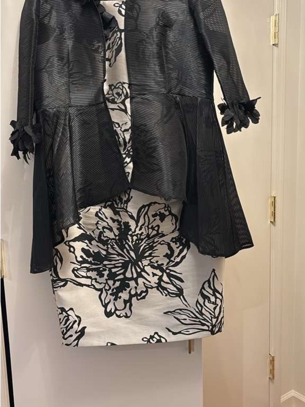 Black & White Floral Midi Dress with Sheer Ruffle Sleeves